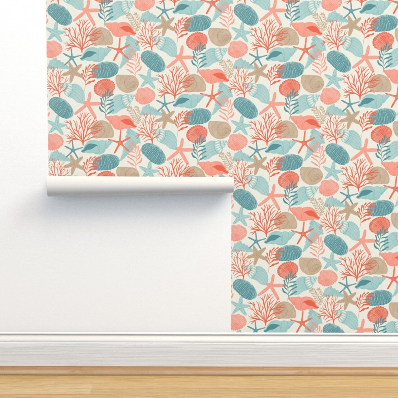 Colorful Seashells Coastal Nautical Modern Beach House Pink Coral Blue Bright Pastel Custom Pre-pasted Wallpaper by Spoonflower Pre-Pasted Wallpaper 2FT Wide